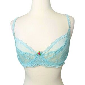 Betsey Johnson Light Blue Lace Underwire Bra with Pink Rose Accent